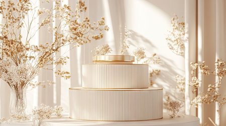 Elegant multi-tiered cream podium with golden stripes. Perfect for showcasing cosmetics or luxury items. 3D rendering with a classy and upscale design for a high-end presentation.の素材