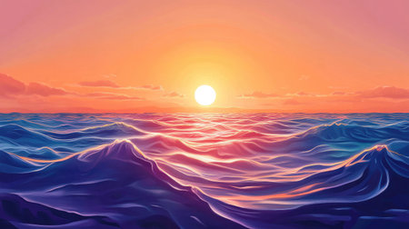 Elegant vector art showcasing a sunset or sunrise over the sea. The calm waves and warm, glowing colors highlight the serene beauty of a morning or evening by the ocean.の素材