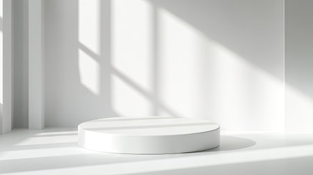 Elegant white podium in a white studio setting. Perfect for product showcases or creating a clean, sophisticated presentation. 3D illustration with a bright, minimalist backdrop.の素材