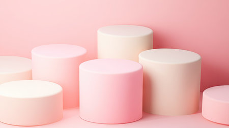 Geometric abstract 3D background with a set of pink and beige cylinder podiums. Minimalist pastel scene perfect for product presentation and display.の素材