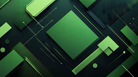 Green geometric abstract frame background with layered shapes and lines. A modern and minimalist design with vibrant green tones, perfect for tech and creative presentations.の素材