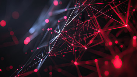 Geometric black polygon design enhanced with vibrant red light, creating an abstract and forward-thinking technology theme.の素材