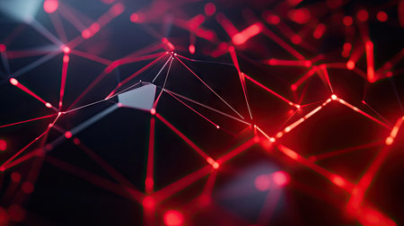Geometric black polygon design enhanced with vibrant red light, creating an abstract and forward-thinking technology theme.の素材