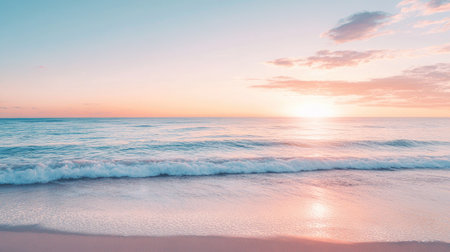 Gradient beach sunset landscape with soft, warm hues blending into the horizon. Ideal for capturing the tranquil beauty of a coastal evening, with gentle waves reflecting the gradient sky.の素材