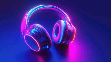 Headphones with a neon light glow in 3D rendering. Intense, colorful illumination of the music playing, creating an electrifying visual effect.の素材