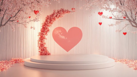 Heart-themed stage podium for Valentine's Day, with a romantic backdrop. Ideal for product displays, branding events, and advertising with festive decorations.の素材