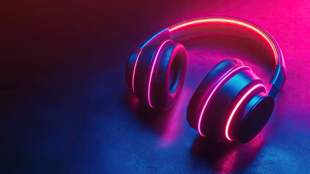 Headphones with neon light effects pulsing to the rhythm of music. 3D rendering showcasing glowing, intense colors that enhance the audio experience.の素材