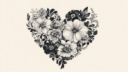 Hand-drawn vector heart with floral elements and intricate details. Ideal for romantic designs, greeting cards, or Valentine's Day projects.の素材
