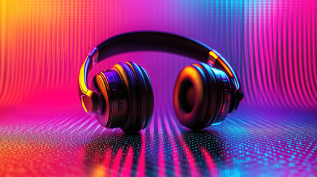 Illustration of 3D headphones on a colorful sound wave backdrop. Abstract design representing digital sound and music frequencies with vivid colors.の素材