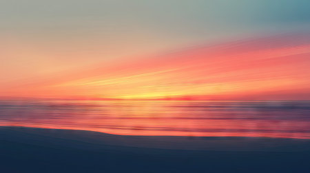 Illustration of a gradient sunset over the beach, with warm colors blending seamlessly into the horizon. The calm sea and peaceful sky create a stunning seascape backdrop.の素材