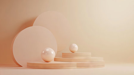 Minimalist 3D podium with floating spheres in warm pastel tones. Gentle, calming design for product showcases, stylish branding, or elegant presentation settings.の素材