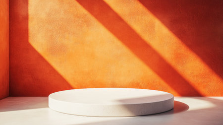 Minimalist product presentation with a podium on an eye-catching orange wall. Perfect for luxury architecture aesthetics and innovative product platform mockups. 3D scene.の素材