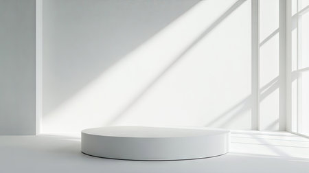 Minimalist white podium in a pristine white studio setting. Ideal for showcasing products or creating a clean, modern presentation. 3D rendering with a bright, spacious backdrop.の素材