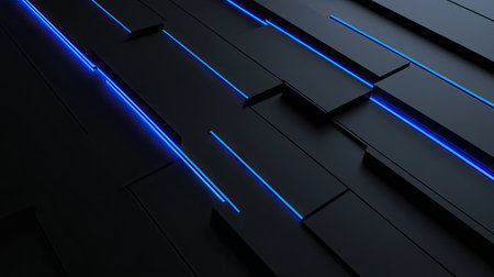 Modern dark grey surface featuring glowing blue light lines and gentle shadows, offering a chic and refined aesthetic.の素材