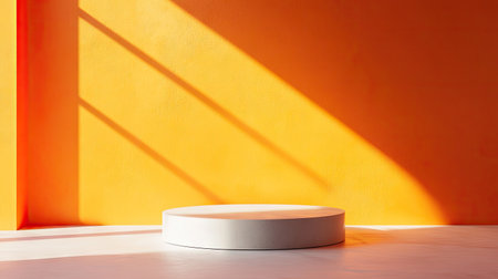 Minimalist product placement scene with a sleek podium against a vibrant orange wall. Ideal for luxury architecture interior aesthetics and creative product platform mockups. 3D render.の素材