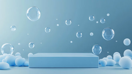 Modern blue podium stage with soap bubbles drifting across the scene. Realistic 3D vector design with rounded rectangular platforms and soapy spheres for a fresh look.の素材