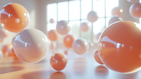Modern 3D rendering of floating spheres in an airy, spacious scene. Ideal for highlighting product designs with clean, abstract visual elements.e00f52f17b05の素材