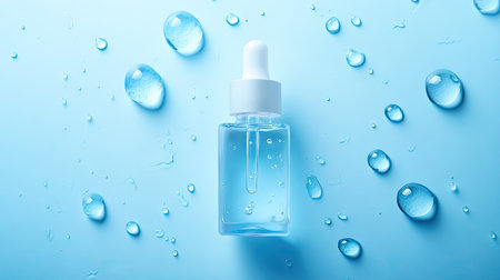 Moisturizer and hyaluronic acid serum with a focus on skin absorption and hydration. Water droplets on a blue background enhance the skincare effect.の素材