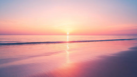 Serene beach sunset with a smooth gradient transition from deep oranges to soft pinks. The peaceful seascape captures the calm beauty of dusk by the water.の素材