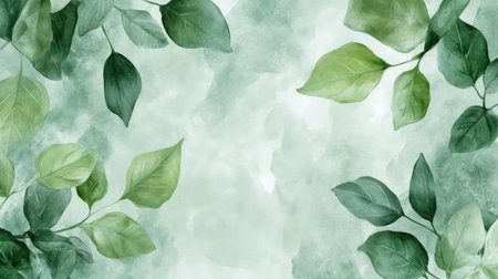 Soft green leaves painted in watercolor with a hand-drawn style, forming a gentle and organic background. Perfect for eco-themed projects, greeting cards, and decorative designs.の素材