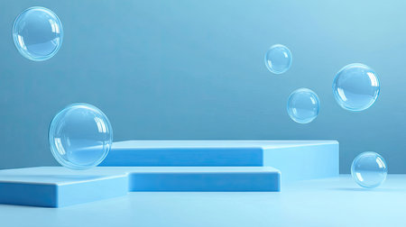 Sophisticated blue podium stage with floating soap bubbles. 3D vector background showcasing rounded rectangular platforms and soapy spheres for an elegant presentation.の素材