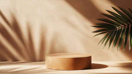 Soft lighting and leaf shadows cast over a minimalist brown podium. Studio setup for elegant cosmetic displays, branding, and packaging presentations.の素材