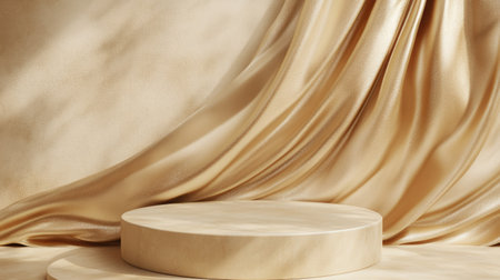 Sophisticated background featuring a beige podium on billowing gold fabric waves. Ideal for luxury branding and premium product presentations in 3D.の素材