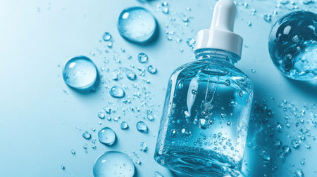 Soothing blue background with moisturizer and hyaluronic acid serum. Water droplets emphasize hydration as the product absorbs into the skin.の素材