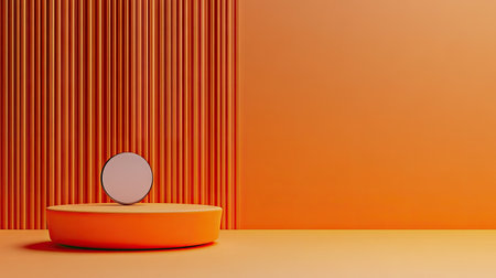 Sophisticated podium on a vivid orange wall for a minimal product placement background. Ideal for luxury interior design and creative stage mockups. Elegant 3D product platform.の素材