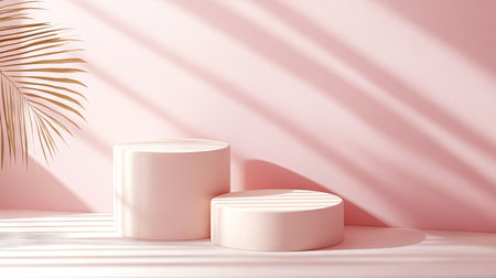 Stylish 3D abstract background with pink and beige realistic cylinders. Pastel-colored podiums in a minimal geometric setup for product showcases.の素材