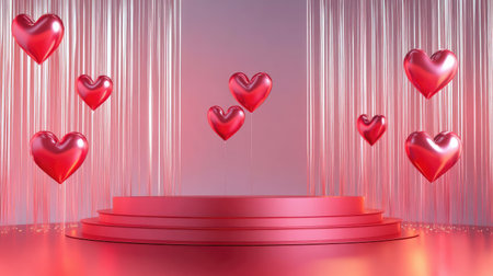 Stage podium adorned with heart-shaped decorations for Valentine's Day. Perfect for product displays, advertising, and branding with a romantic background.の素材