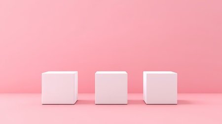 Three white cubes on a gentle pink pastel background. Minimalist design ideal for product showcases and 3D rendering technical presentations.の素材