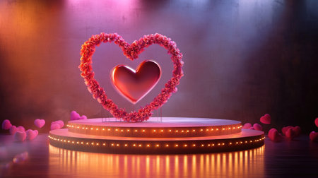 Valentine's Day podium with heart-shaped lighting for a romantic product or cosmetic showcase. Ideal for awards and advertising. Elegant stage setup for special occasions.の素材