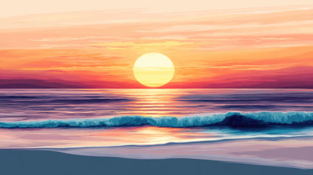 Vector illustration of a sunset or sunrise with a vibrant warm color palette over the tranquil sea. The artwork captures the serene and artistic beauty of a morning or evening at the shore.の素材