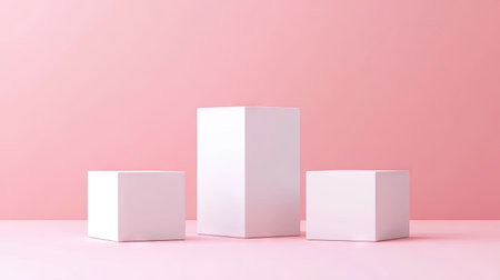Three pristine white cube podiums on a soft pink pastel background. Perfect for clean, modern product presentations and 3D rendering visualizations.の素材