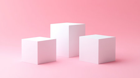 Three white cubes on a gentle pink pastel background. Minimalist design ideal for product showcases and 3D rendering technical presentations.の素材