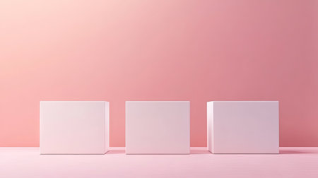 Three blank white cube podiums with a pastel pink background. Clean, minimalistic design for showcasing products and technical 3D rendering.の素材