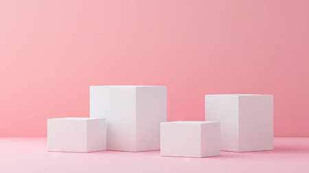 Three pristine white cube podiums on a soft pink pastel background. Perfect for clean, modern product presentations and 3D rendering visualizations.の素材
