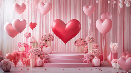 Valentine's Day themed stage podium featuring heart-shaped decor. Ideal for product presentations, advertising, and branding with a festive and romantic backdrop.の素材