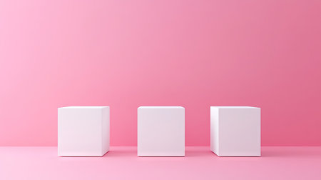 Three white cubes on a gentle pink pastel background. Minimalist design ideal for product showcases and 3D rendering technical presentations.の素材
