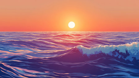 Vector illustration of a serene summer sunrise over the calm sea, with bright warm colors reflecting on gentle waves. Perfect for capturing the beauty of a tranquil seascape.の素材