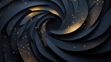 Elegant 3D design with black paper layers sliced in geometric shapes, enhanced with golden glittering accents for a sophisticated and stylish backdrop.の素材