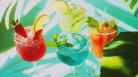 Discover a vibrant setup of four refreshing cocktails, perfect for summer gatherings. Each drink is garnished with fresh fruit and mint, showcasing a colorful array.の素材