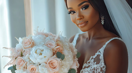 A stunning bride holding a wedding rose bouquet with an elegant arrangement of white and soft pink roses on her special day.の素材