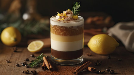 Enjoy a delightful iced coffee layered drink, garnished with citrus and aromatic spices, perfect for refreshing moments or special occasions.の素材