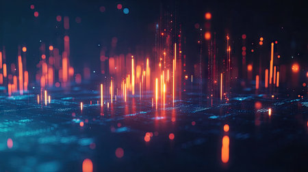 3D abstract candlestick chart glowing on a blue background. Captures financial market trends and trading data. Ideal for professional finance and tech-oriented designs.の素材
