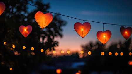 A romantic outdoor setting with heart-shaped paper lanterns floating in the sky, illuminating the night.の素材