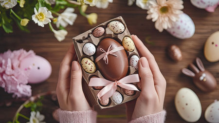 A person gifting a beautifully wrapped chocolate Easter egg, with a ribbon, surrounded by seasonal decorations like flowers and bunny figurines.の素材