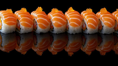 A stunning close-up image of vibrant salmon sushi rolls showcasing their rich colors and textures. Perfect for food lovers, chefs, and culinary artists.の素材