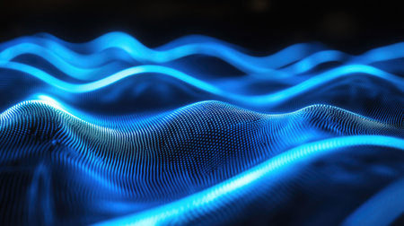 Glowing blue lines in a curved, futuristic pattern on an abstract background. Perfect for showcasing future technology and modern design in banners and business visuals.の素材
